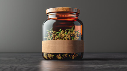 Cannabis buds in a jar, weed advertising - obrazy, fototapety, plakaty