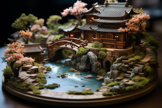 3D render of Japanese garden and pagoda on black background