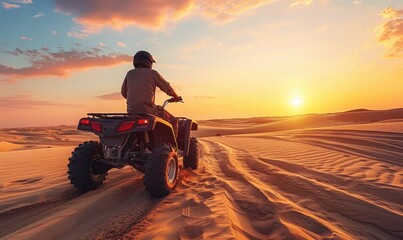 An off road ATV driving dune bashing in breathtaking view desert area at sunset or sunrise - obrazy, fototapety, plakaty