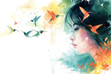 watercolor painting of asian girl with fluttering hummingbirds, copy space, green color