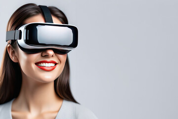 Banner with young smiling European woman wearing virtual reality glasses. Vr headset.