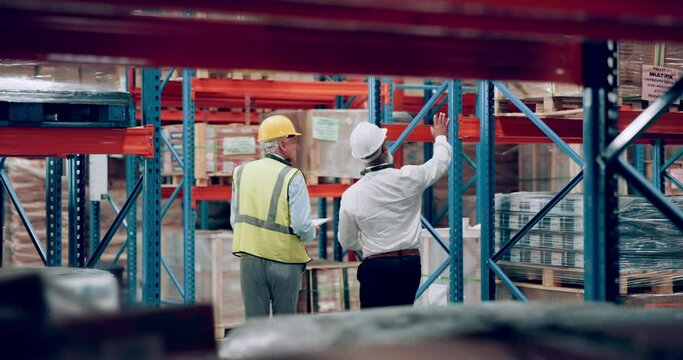 Men, walking and warehouse inspection of package or supply chain logistics for import, storage or distribution. Male people, clipboard and checklist factory or shipping industry, delivery or parcel