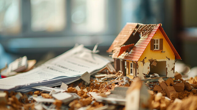 A disaster-struck model house with a property insurance claim form beside it, depicting coverage in times of need, blurred background, with copy space