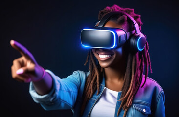 Young smiling African woman with dreadlocks wearing virtual reality glasses and touch with her finger to the side.