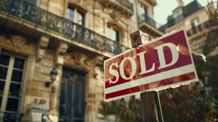 A "SOLD" sign in front of a luxurious mansion, highlighting the high-end real estate market, house with sign "SOLD", blurred background, with copy space