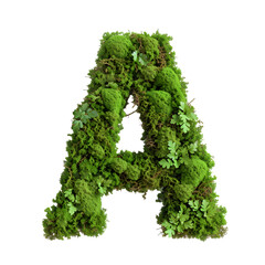 Green moss in shape alphabet letter A isolated on white, clipping path, top view