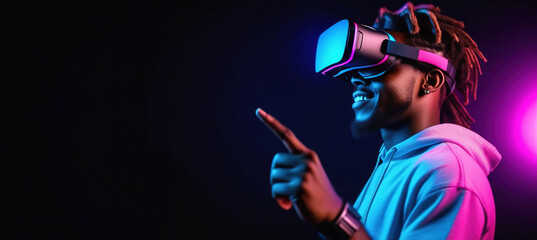 Banner with young smiling African man wearing virtual reality glasses and touch with his finger to the side.