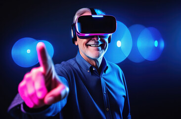 Old smiling European man wearing virtual reality glasses and touch with his finger to the side.