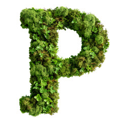 Green moss in shape alphabet letter P isolated on white, clipping path, top view