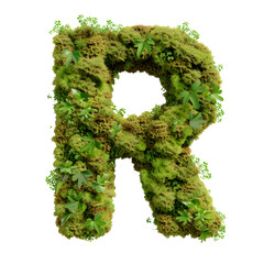 Green moss in shape alphabet letter R isolated on white, clipping path, top view