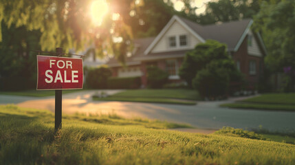 A cozy suburban home with a bright "FOR SALE" sign on the front lawn, inviting potential buyers, house with sign "FOR SALE", blurred background, with copy space