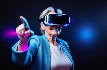 Old smiling European woman wearing virtual reality glasses and touch with his finger to the side.