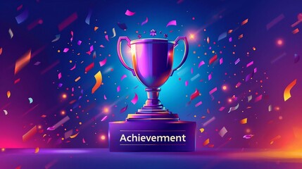 an illustration with the word Achievement seamlessly integrates with a gleaming trophy icon. The trophy signifies recognition and success. 
