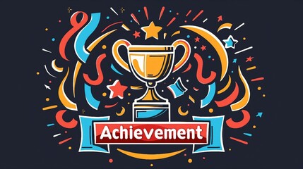 an illustration with the word Achievement seamlessly integrates with a gleaming trophy icon. The trophy signifies recognition and success. 
