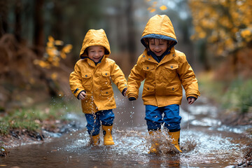 Two adorable boys having fun in the rain on an autumn day