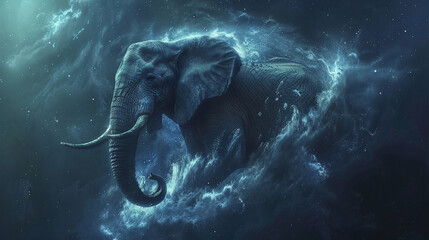 Powerful elephant surges forward amidst tumultuous ocean waves under a dramatic, starry sky. Elephant, flying, dark sea sparkles with cosmic light. Elephant in cosmic flight, dark sea swirling below.