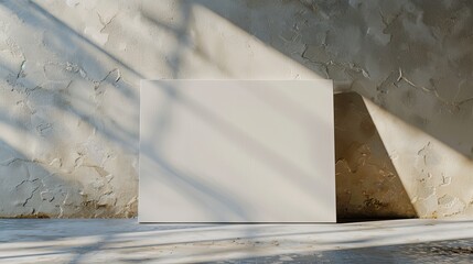 blank white art canvas leaning against a rough wall - wide cinematic mockup shot