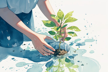 watercolor painting of hands watering a plant in water splash, blue clothes, pastel color, cartoon style