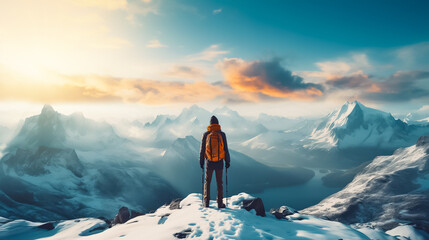 Hiker standing on top of a mountain and looking at the beautiful landscape - obrazy, fototapety, plakaty