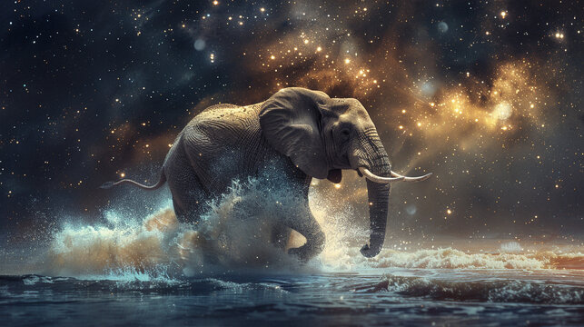 Powerful elephant surges forward amidst tumultuous ocean waves under a dramatic, starry sky. Elephant, flying, dark sea sparkles with cosmic light. Elephant in cosmic flight, dark sea swirling below.