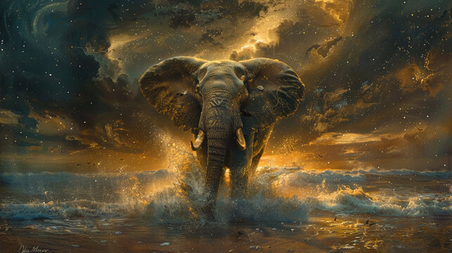 Powerful elephant surges forward amidst tumultuous ocean waves under a dramatic, starry sky. Elephant, flying, dark sea sparkles with cosmic light. Elephant in cosmic flight, dark sea swirling below.