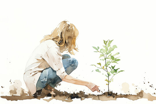 watercolor painting of young woman in white clothes planting a tree, copy space, pastel color