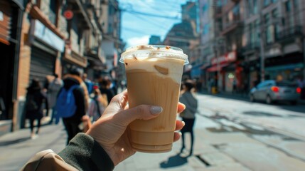 Urban Iced Coffee Bliss. A city wanderer's delight with a delectable iced coffee in hand, crowned with whipped cream and a drizzle of caramel, against the bustling street scene