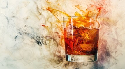 Flaming Whiskey on the Rocks. Spicy cocktail. A dramatic whiskey on the rocks, enlivened with a fiery flame, casting a warm glow over a mystical backdrop, perfect for an adventurous evening