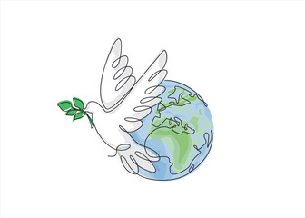 Planet Earth with dove of peace drawn in one continuous line. One line drawing, minimalism. Vector illustration.