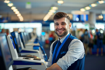Portrait of a smiling airport employee in uniform at the check-in counter - obrazy, fototapety, plakaty