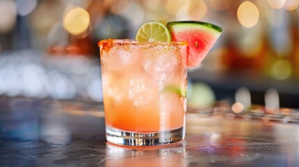 A refreshing watermelon spicy cocktail, adorned with a salted rim and lime, sits on a bar, inviting a taste of summer with its vibrant color and juicy garnish - obrazy, fototapety, plakaty
