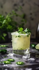 Non alcoholic Margarita with jalape&ntilde;o cilantro simple syrup, lime juice, tonic water, and zero alcohol. Chilled Herbaceous Refreshment