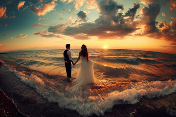 Fototapeta na wymiar Wedding couple on the beach at sunset. Bride and groom