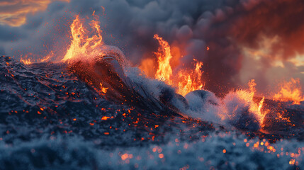 Fire versus water. Battle of the elements, a wave of water covers a strong fire - obrazy, fototapety, plakaty