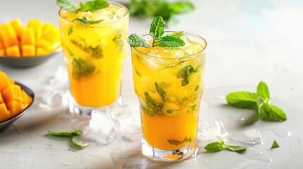 Mango mint slice mocktail. Tropical Mango Spritz. An effervescent mango spritz garnished with a vibrant green jalapeño slice and mint leaves, offering a refreshing twist with a spicy kick
