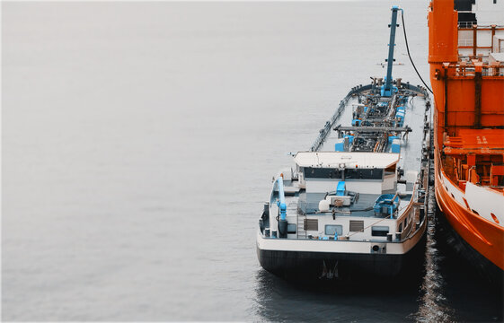 Ship-To-Ship STS Bunkering Operations In The Port With Marine Loading Arm