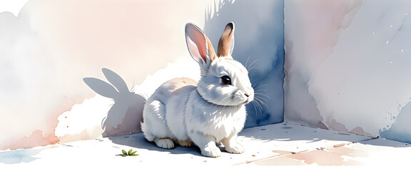 White rabbit on a white background. A small, cute rabbit alone in an empty space. Animal illustration in watercolor style.