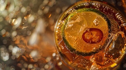 Spicy Cocktail Delight with Chili and Citrus. An invigorating beverage, this cocktail is a fusion of sweet and spice, with chili peppers and a slice of lemon adorning the glistening ice cubes