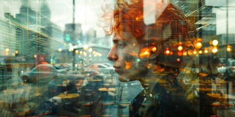 A red-headed Caucasian man, his fiery locks catching the light, relishes a tranquil coffee moment within a double exposure image, merging gracefully with bokeh lights