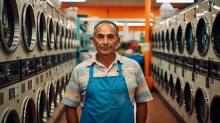 Owner stands among state-of-the-art laundry machines well-lit vibrant detergents