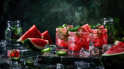Watermelon Jalapeño Cooler, Watermelon Mocktail. A refreshing summer cocktail featuring juicy watermelon cubes, spicy kick of jalapeño slices, set in a misty glass against a backdrop of ice and melon