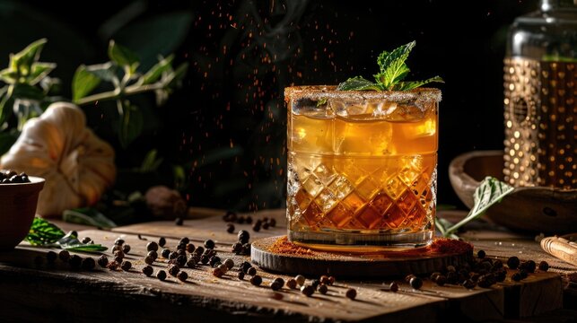 A crafted cocktail with a chili, complemented by a cool sprig of green, set against a blurred bar background with warm, ambient lighting. Spicy cocktail, picante mocktail