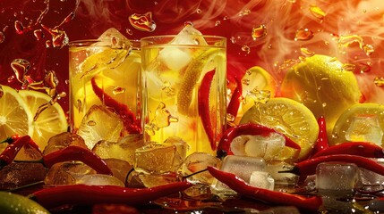 Spicy Cocktail Delight with Chili and Citrus. An invigorating beverage, this cocktail is a fusion of sweet and spice, with chili peppers and a slice of lemon adorning the glistening ice cubes