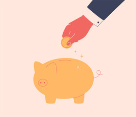 Man saves money for future. Human hand putting coin into gold piggy bank. Investment literacy and personal budget concept. Flat vector illustration
