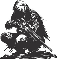 Silhouette sniper in action black color only full body - obrazy, fototapety, plakaty