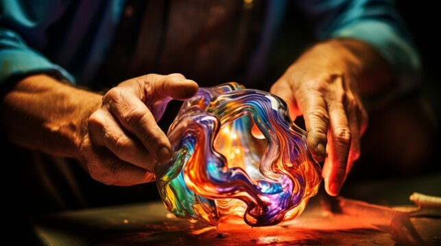 Close-up of hands shaping intricate glass sculpture colors illuminated by light