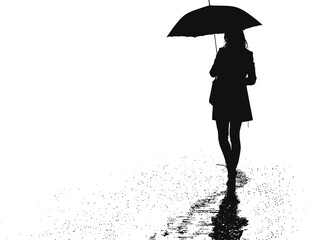 Silhouette woman and man with umbrella black color only full body