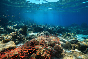 Naklejka na ściany i meble Discarded fishing net Ghost net on the sea floor