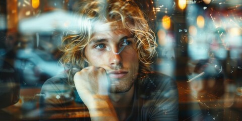 Fototapeta na wymiar A blonde Caucasian man, his golden locks shining, savors a peaceful coffee moment within a double exposure image, seamlessly blending with bokeh lights