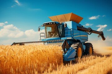 Modern combine harvester working in wheat field on clear sunny day high res image